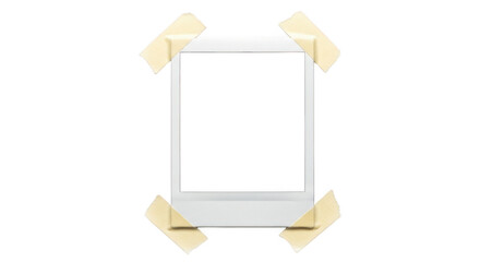 Blank white polaroid photo frame attached with beige tape isolated on transparent background