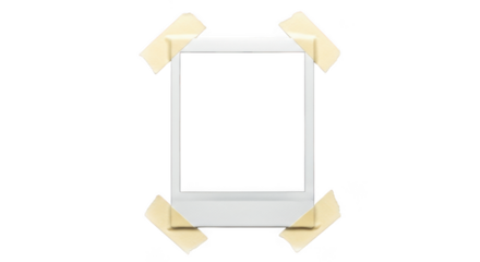 Blank white polaroid photo frame attached with beige tape isolated on transparent background