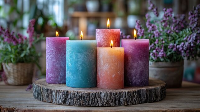 Three aromatic candles in pink, purple, and yellow hues glow softly on a rustic wooden table surrounded by lavender. The warm sunset creates a calming atmosphere perfect for relaxation.