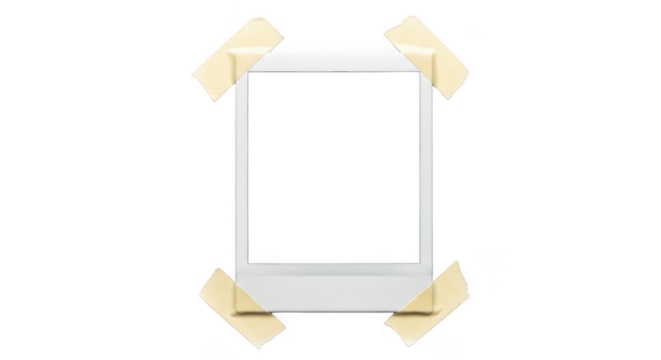 Blank white polaroid photo frame attached with beige tape isolated on transparent background