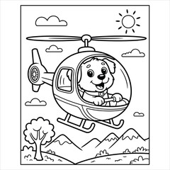 Cute Dog Flying Helicopter Coloring Page Vector Illustration