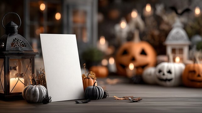 Bright white vertical canvas stands amidst Halloween decorations showcasing pumpkins and lanterns in a festive atmosphere - Powered by Adobe