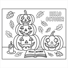 Halloween Pumpkins with Hello October Coloring Page Vector