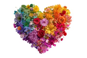 Floral heart, rainbow colors, love concept on transparent background