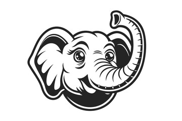 Cartoon Elephant Head with Upward Trunk on White Background