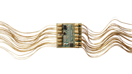 A circuit board, central, connected by many tan wavy lines