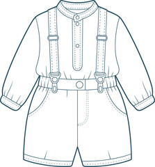 Baby romper, suspenders, CAD drawing, flat vector, children’s fashion, long sleeves, front view, detailed illustration, fashion design, vector art