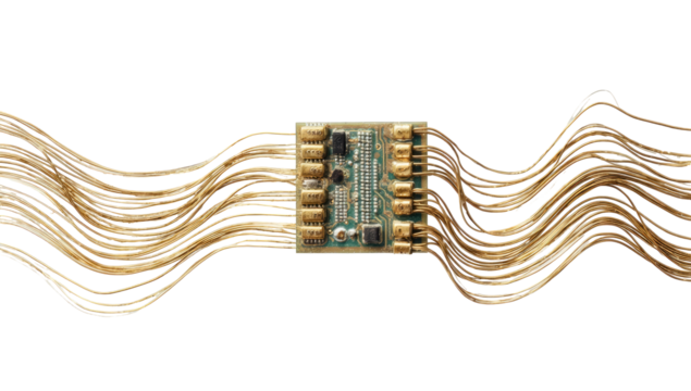A circuit board, central, connected by many tan wavy lines - Powered by Adobe