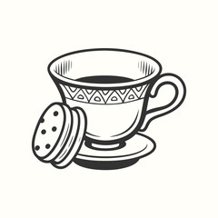 Antique Cup With Cookie Art on White Background Line Drawing Design