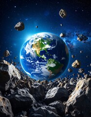 Earth Surrounded by Asteroids in Space