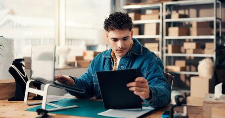 Naklejka na ściany i meble Logistics document, laptop and man in office for ecommerce, procurement or distribution. Computer, shipping distributor and paperwork for inventory, stock checklist or supply chain in small business