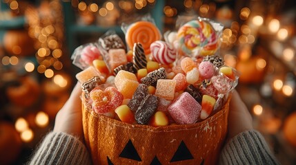 Hands holding a vibrant Halloween candy bag filled with colorful treats at a festive celebration