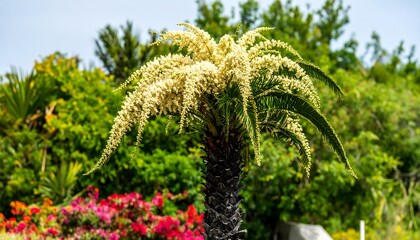 Palm tree in bloom, surrounded by greenery