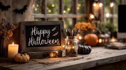 Cozy autumn workspace decorated for Halloween with rustic elements and festive vibes