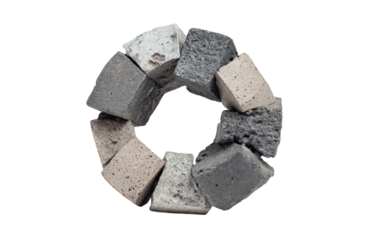 Circular arrangement of irregularly shaped, gray and beige cubes