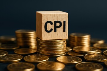 CPI wooden block rests atop golden coins, reflecting concern about inflation and future economic stability in uncertain times.