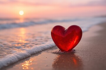 Fototapeta premium Crimson heart rests serenely on golden sand, its sunrise reflection shimmering in the tranquil ocean, embodying love's serenity.