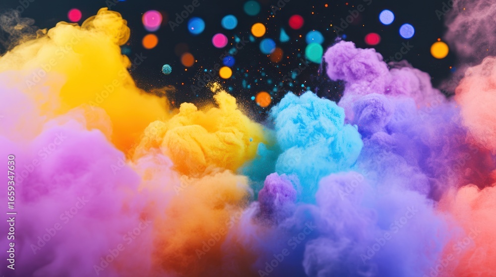 Poster colorful explosion of vibrant clouds against a backdrop of bokeh lights creating a mesmerizing