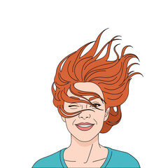 Cheerful Redhead Woman Portrait with Flowing Hair in Windy Conditions Against a Clear Background Graphic Art