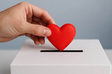 Hand delicately places red heart into donation box, symbolizing charity, love, and support for a cause close to the heart.