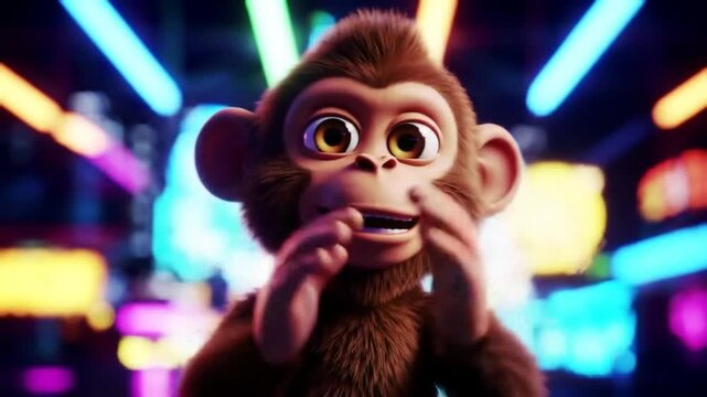 Cute cartoon monkey with neon lights background
