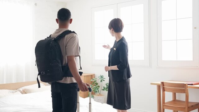 hotel, travel, trip, journey, multinational, receptionist, inbound, tourist, hotelier, guide, accommodation, tourism, explanation, young, black, african, traveler, global, japan, private lodging, gues