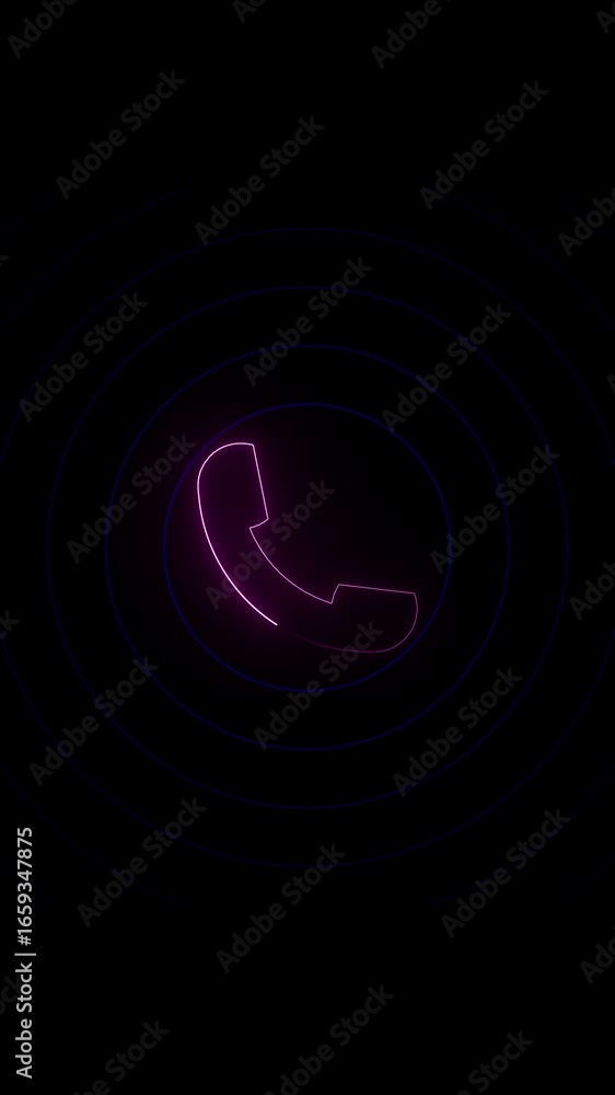 Poster animated neon telephone symbol illuminated with concentric circle radiations on black background. ve