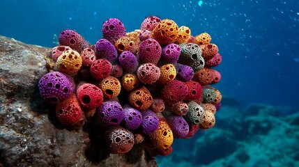 Colorful sea sponge aggregation on rock in the ocean, underwater marine life with vibrant colors, biodiversity