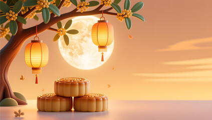 Mid-Autumn Festival Osmanthus Lantern Traditional Festival Chinese Style Scene 3D Illustration
