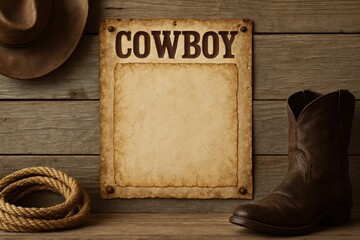 Rustic cowboy poster invites adventurers to the Wild West, set on weathered wood with hat, boot, and rope, evoking a vintage and adventurous spirit.