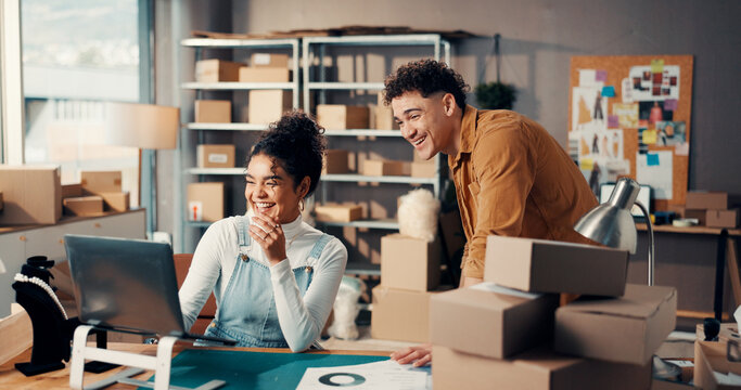 Happy, fashion and logistics team with laptop in office for online order, client feedback or sales. Small business, boxes and people with tech for delivery tracking, inventory management and shipping - Powered by Adobe