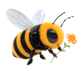 Fuzzy cartoon bee with flower isolated on transparent background