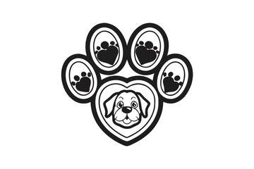 Dog Paw Print Logo with Heart Details, Cute Pet Icon, White Background