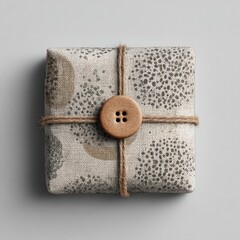 Square gift wrap, muted tones, speckled design, tied with twine, brown button