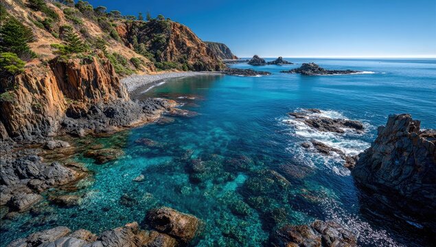 Coastal cliffs, turquoise water, rocky cove - Powered by Adobe