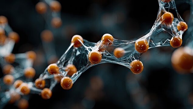 Orange spheres connected by a translucent web