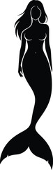 A black silhouette illustration of a mermaid with long flowing hair and a fish tail.