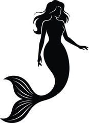 Stylized black silhouette of a beautiful mermaid with long hair and a graceful fish tail.