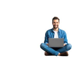 A - Relaxed Man Using Laptop, Sitting Cross-Legged, Smiling, Transparent PNG.