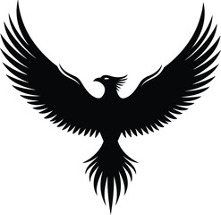 Fototapeta premium Black silhouette of a phoenix with outstretched wings, a symbol of rebirth.