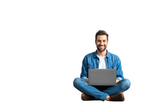 A - Relaxed Man Using Laptop, Sitting Cross-Legged, Smiling, Transparent PNG.