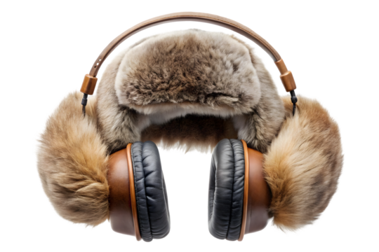 Cozy fur aviator hat with headphones isolated on transparent background
