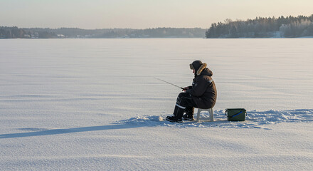 A person ice fishing on a frozen lake, sitting on a small stool near a drilled hole, winter gear, calm snowy surroundings, early morning light, ultra-realistic rural scene