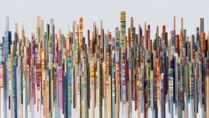 Abstract cityscape, vertical colorful structures, modern art, city skyline in background