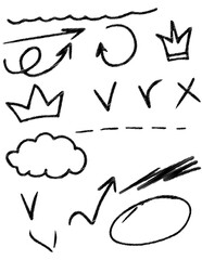Set of elements in the form of line, hearts, arrows and clouds, black and white sketch. Vector illustration. Drawing in simple style of lines, arrows, hearts, strokes. Crown, sun, and an underscore.