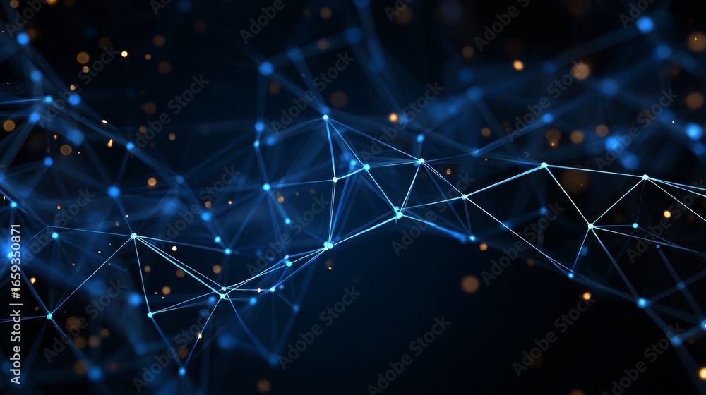 Poster dynamic visualization of a digital communication network with interconnected points and glowing line