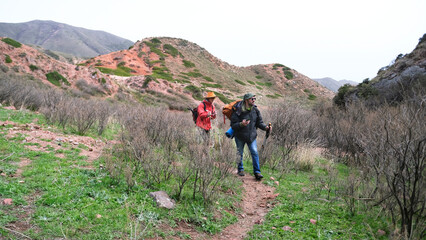 Two travelers got lost among the mountains and hills. A trip along the mountain trail. A couple of...