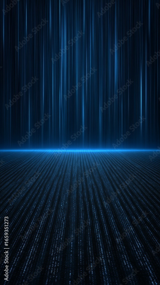 Poster abstract digital illustration of flowing binary code on a dark blue background symbolizing the compl
