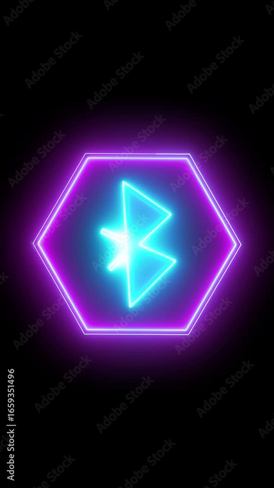 Poster vibrant glowing neon bluetooth sign inside hexagonal frame vertical video. animated neon bluetooth i