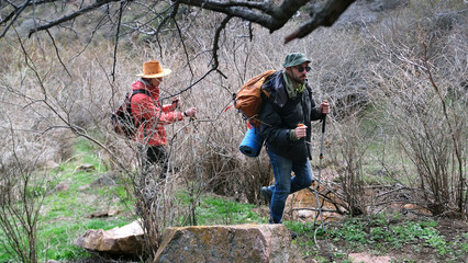 Two travelers are walking through the forest among large stones and dry bushes. The hiking team is...